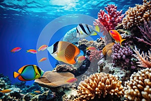 Fish over a coral reef in the sea