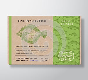 Fish Pattern Realistic Cardboard Container. Abstract Vector Seafood Packaging Design or Label. Modern Typography, Hand