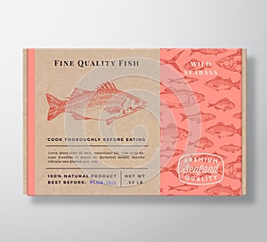 Fish Pattern Realistic Cardboard Container. Abstract Vector Seafood Packaging Design or Label. Modern Typography, Hand