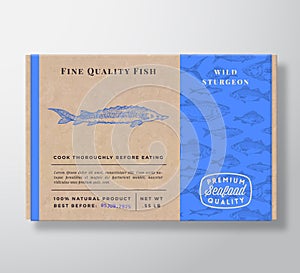 Fish Pattern Realistic Cardboard Container. Abstract Vector Seafood Packaging Design or Label. Modern Typography, Hand