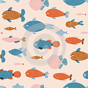 Fish pattern in retro risograph printing style. Cartoon aquatic fishes illustration.