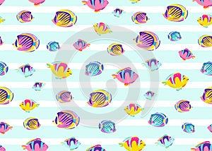 Fish pattern seamless vector illustration. Endless cartoon color sea ocean background for child print with striped white