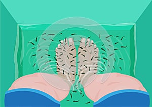 Fish Pedicure or Massage concept. Top View of Feet in a Spa Massage Tub Filled with Doctor Fish or Garra rufa. Editable Clip Art.