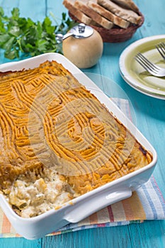 Fish Pie with Swede and Sweet Potato Topping