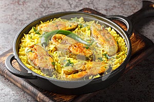 Fish pilaf Ilish Pulao Ñooked with Hilsa Fish closeup on the plate. Horizontal