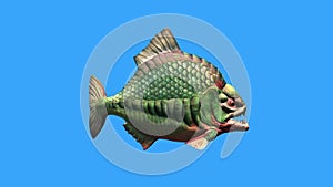 Fish Piranha Swim Blue Screen 3D Rendering Animation
