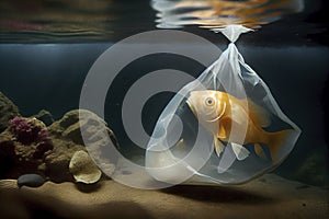 A fish in a plastic bag . The concept of pollution in the ocean. Generative IA