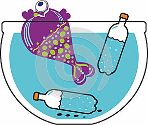Fish and plastic bottle in aquarium,  environmental pollution