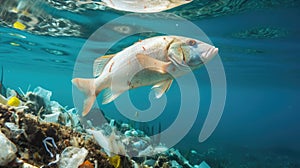 Fish and plastic pollution. Envrionmental problem - plastics contaminate seafood