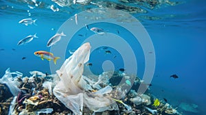 Fish and plastic pollution. Envrionmental problem - plastics contaminate seafood