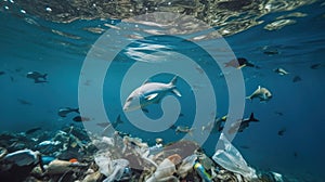 Fish and plastic pollution. Envrionmental problem - plastics contaminate seafood