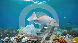 Fish and plastic pollution. Envrionmental problem - plastics contaminate seafood