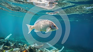 Fish and plastic pollution. Envrionmental problem - plastics contaminate seafood