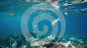 Fish and plastic pollution. Envrionmental problem - plastics contaminate seafood