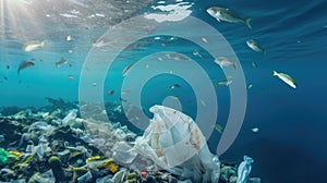 Fish and plastic pollution. Envrionmental problem - plastics contaminate seafood