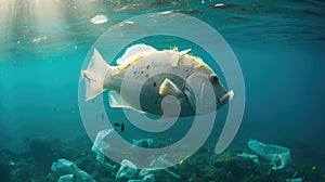 Fish and plastic pollution. Envrionmental problem - plastics contaminate seafood