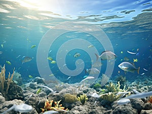 Fish and plastic pollution. Envrionmental problem - plastics contaminate seafood