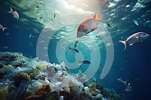 Fish and plastic pollution. Envrionmental problem - plastics contaminate seafood