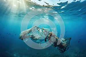 Fish and plastic pollution. Envrionmental problem - plastics contaminate seafood