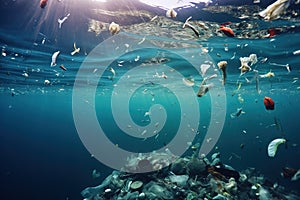 Fish and plastic pollution. Envrionmental problem - plastics contaminate seafood