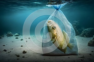 Fish and plastic pollution. Envrionmental problem - plastics contaminate seafood. Neural network AI generated