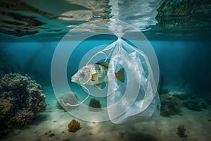 Fish and plastic pollution. Envrionmental problem - plastics contaminate seafood. Neural network AI generated