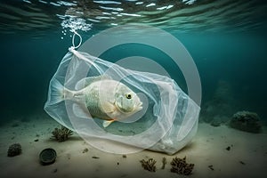 Fish and plastic pollution. Envrionmental problem - plastics contaminate seafood. Neural network AI generated