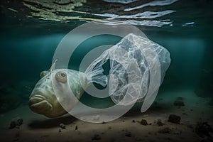 Fish and plastic pollution. Envrionmental problem - plastics contaminate seafood. Neural network AI generated