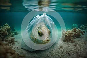 Fish and plastic pollution. Envrionmental problem - plastics contaminate seafood. Neural network AI generated