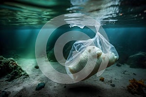 Fish and plastic pollution. Envrionmental problem - plastics contaminate seafood. Neural network AI generated