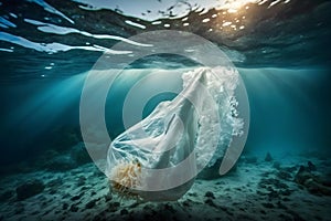 Fish and plastic pollution. Envrionmental problem - plastics contaminate seafood. Neural network AI generated