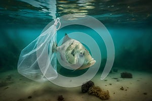 Fish and plastic pollution. Envrionmental problem - plastics contaminate seafood. Neural network AI generated