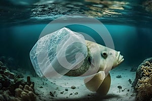 Fish and plastic pollution. Envrionmental problem - plastics contaminate seafood. Neural network AI generated