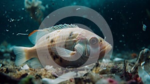 Fish and plastic pollution in sea. Microplastics contaminate seafood