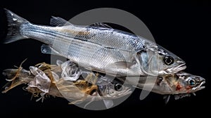Fish and plastic pollution in sea. Microplastics contaminate seafood