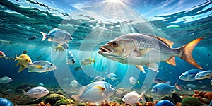 Fish and plastic pollution in sea Microplastics contaminate seafood Generative By AI photo