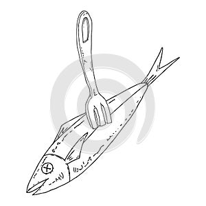 Fish poked on a fork. Vector illustration cooked fish on a fork on food. Hand drawn fried fish with flowing oil.