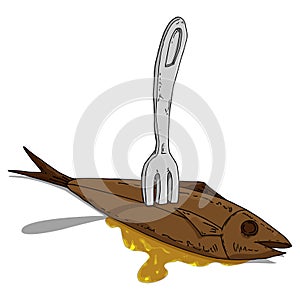 Fish poked on a fork. Vector illustration cooked fish on a fork on food. Hand drawn fried fish with flowing oil. Brown fish