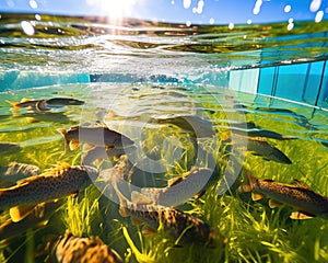 fish in the pool at the fish farm.