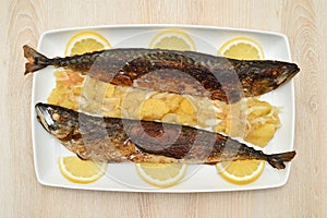 Fish and potato salad with onion and lemon slices for decoration on the table