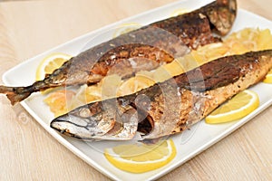 Fish and potato salad with onion and lemon slices for decoration on the table