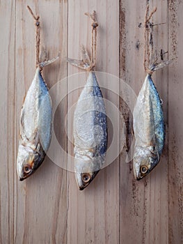 Fish preservation by drying . Sardine salted hanging on old wood