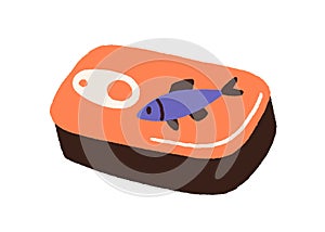 Fish preserves in metal can. Tinned tuna, conserved seafood in closed sealed container. Sea food in package in doodle photo