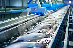 Fish processing plant. Production Line. Raw sea fish on a factory conveyor. Production of canned fish. modern food industry
