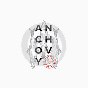 Fish Producers or Restaurant Abstract Vector Sign, Symbol or Logo Template. Hand Drawn Anchovy Fish with Premium Modern