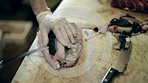 Fish production guys undress a body of big swordfish clean from skin make fillet