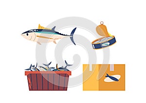 Fish Production Isolated Vector Set. Assortment Of Freshly Caught Fish Lies In A Basket, Showcasing Gleaming Scales