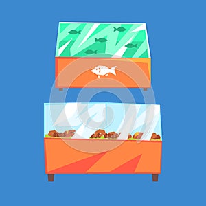 Fish products refrigerators, seafood in supermarket fridges, vector Illustration