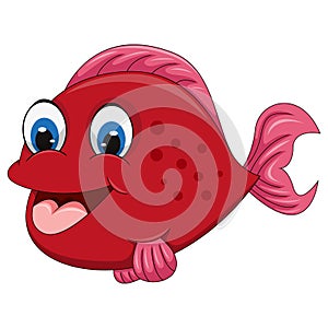 Fish red and pink fin with big smile and friendly cartoon vector illustration