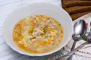 Fish salmon soup with broccoly
